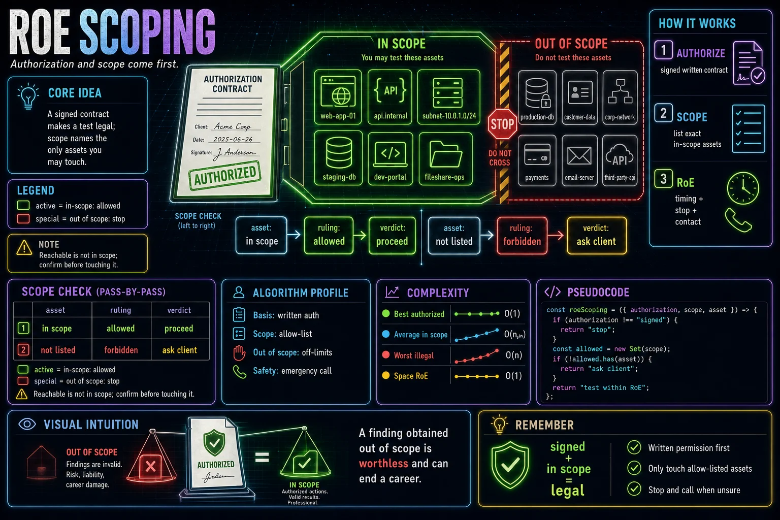 Rules of Engagement & Scoping infographic showing the concept, key steps, and tradeoffs.