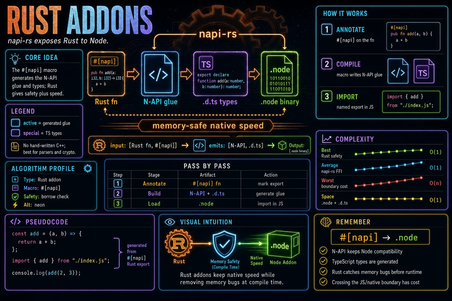 Rust Addons (napi-rs) infographic showing the concept, key steps, and tradeoffs.