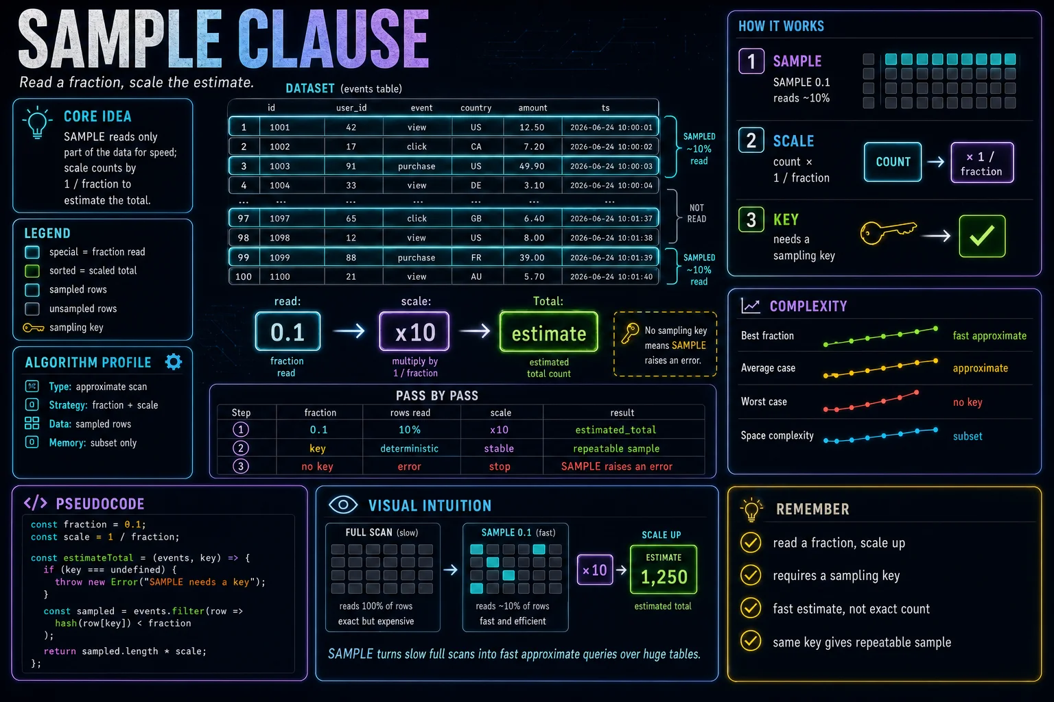 SAMPLE Clause infographic showing the ClickHouse concept, key steps, and tradeoffs.