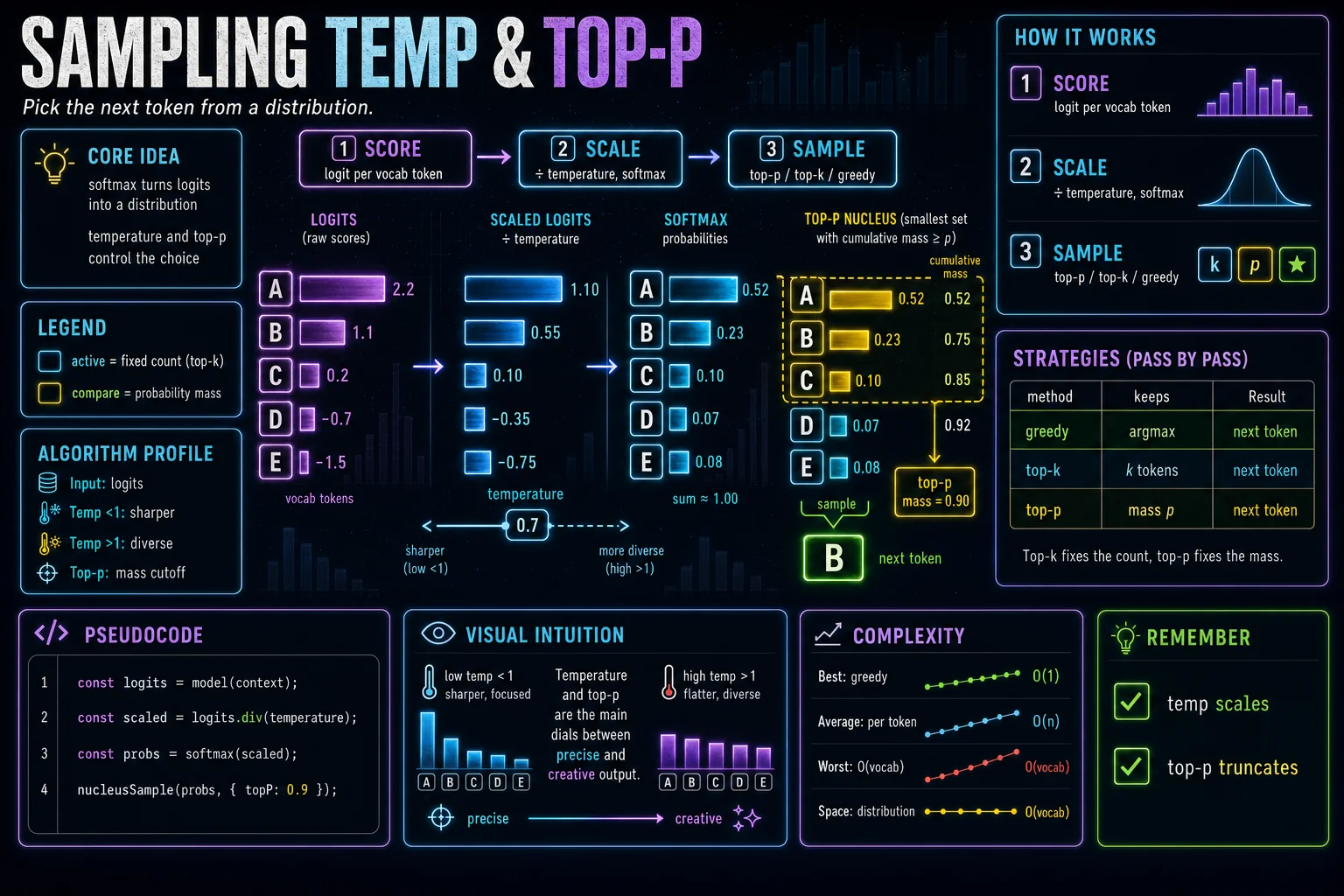 Sampling: Temperature & Top-p infographic showing the concept, key steps, and tradeoffs.