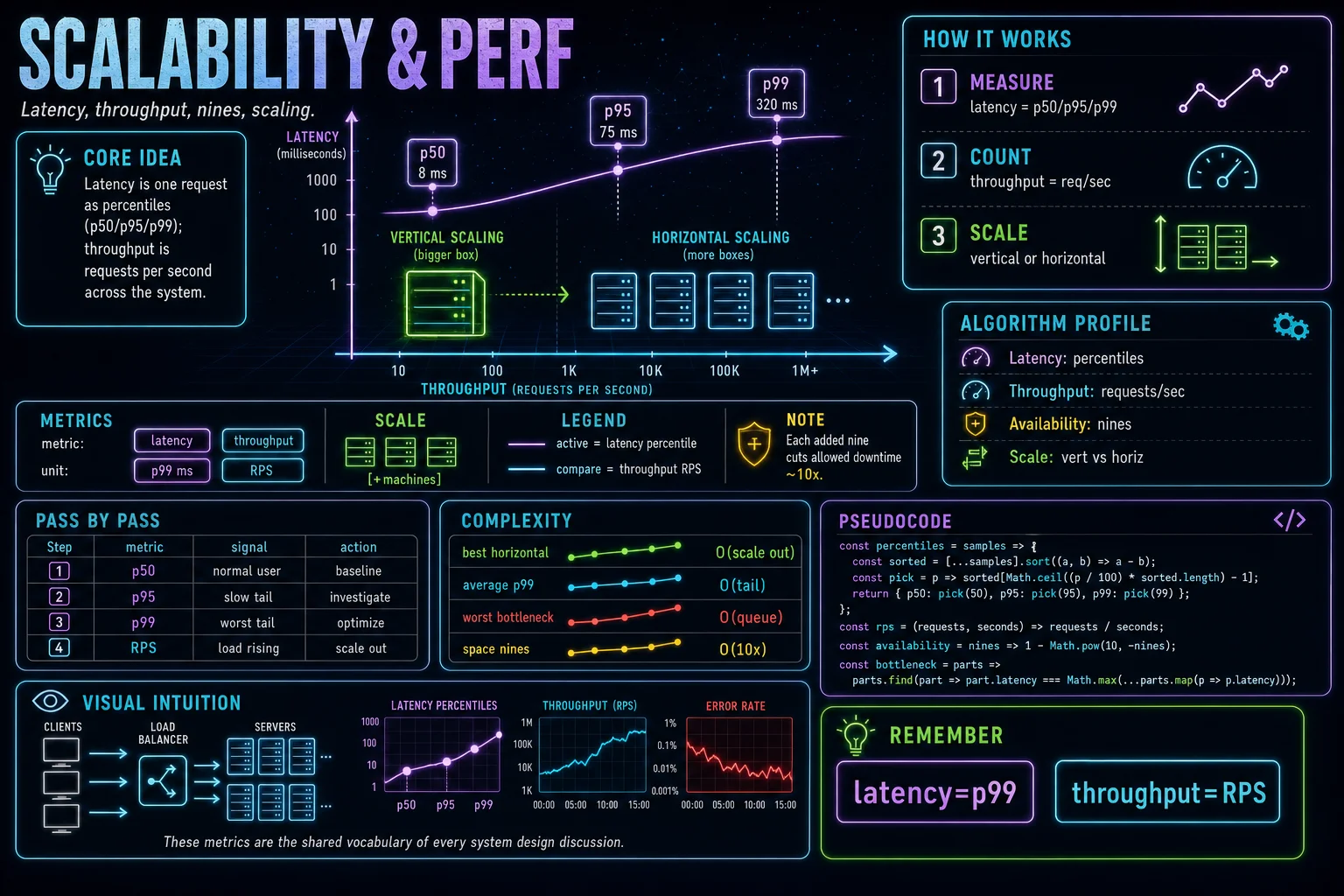 Scalability & Performance infographic showing the concept, key steps, and tradeoffs.
