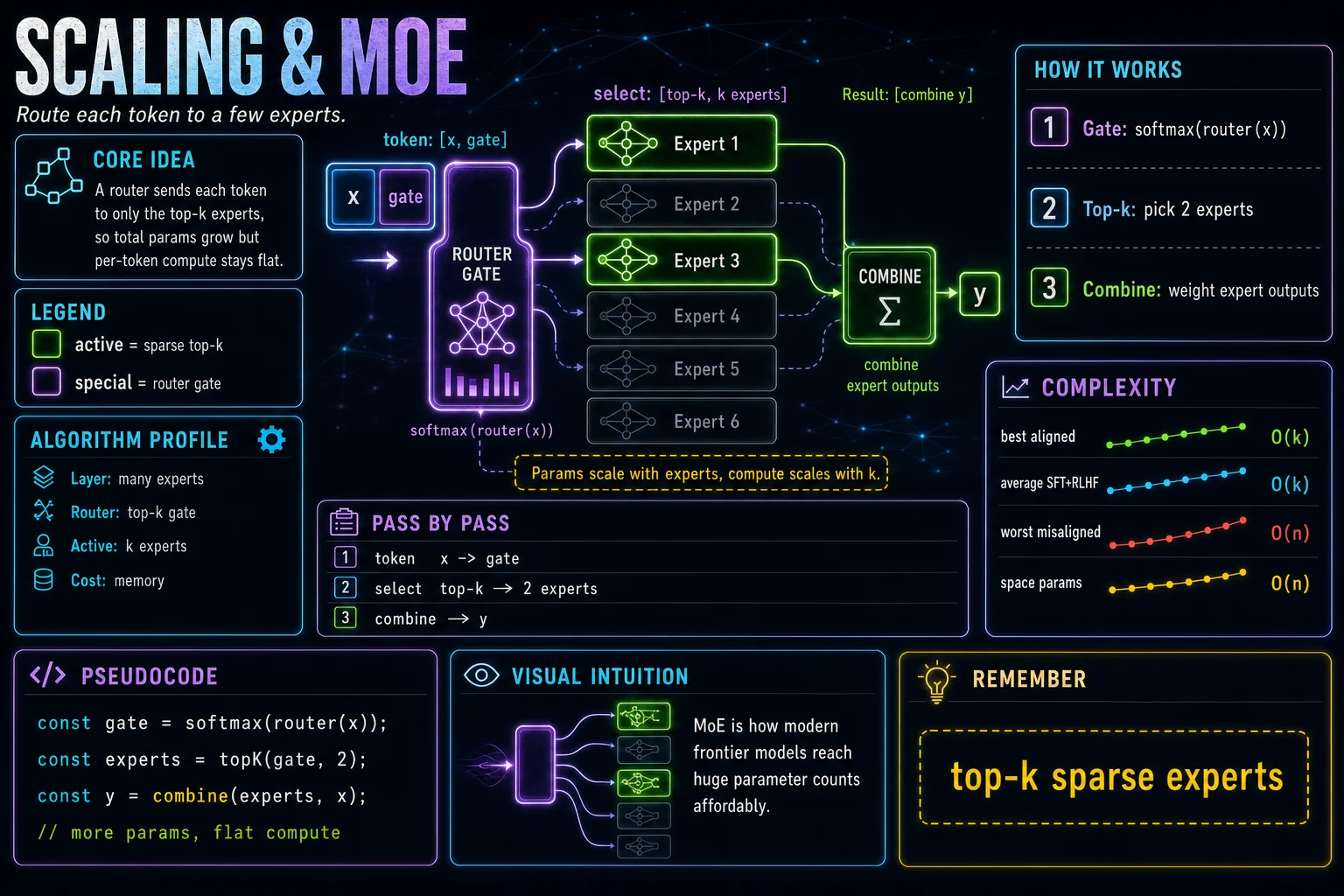 Scaling & Mixture-of-Experts infographic showing the concept, key steps, and tradeoffs.