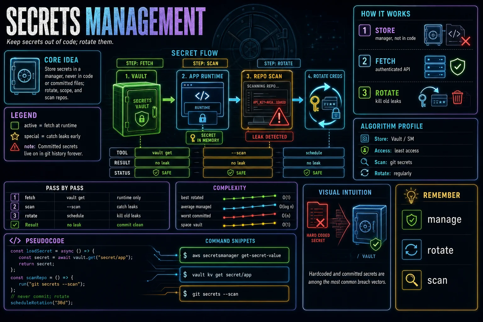 Secrets Management infographic showing the concept, key steps, and tradeoffs.