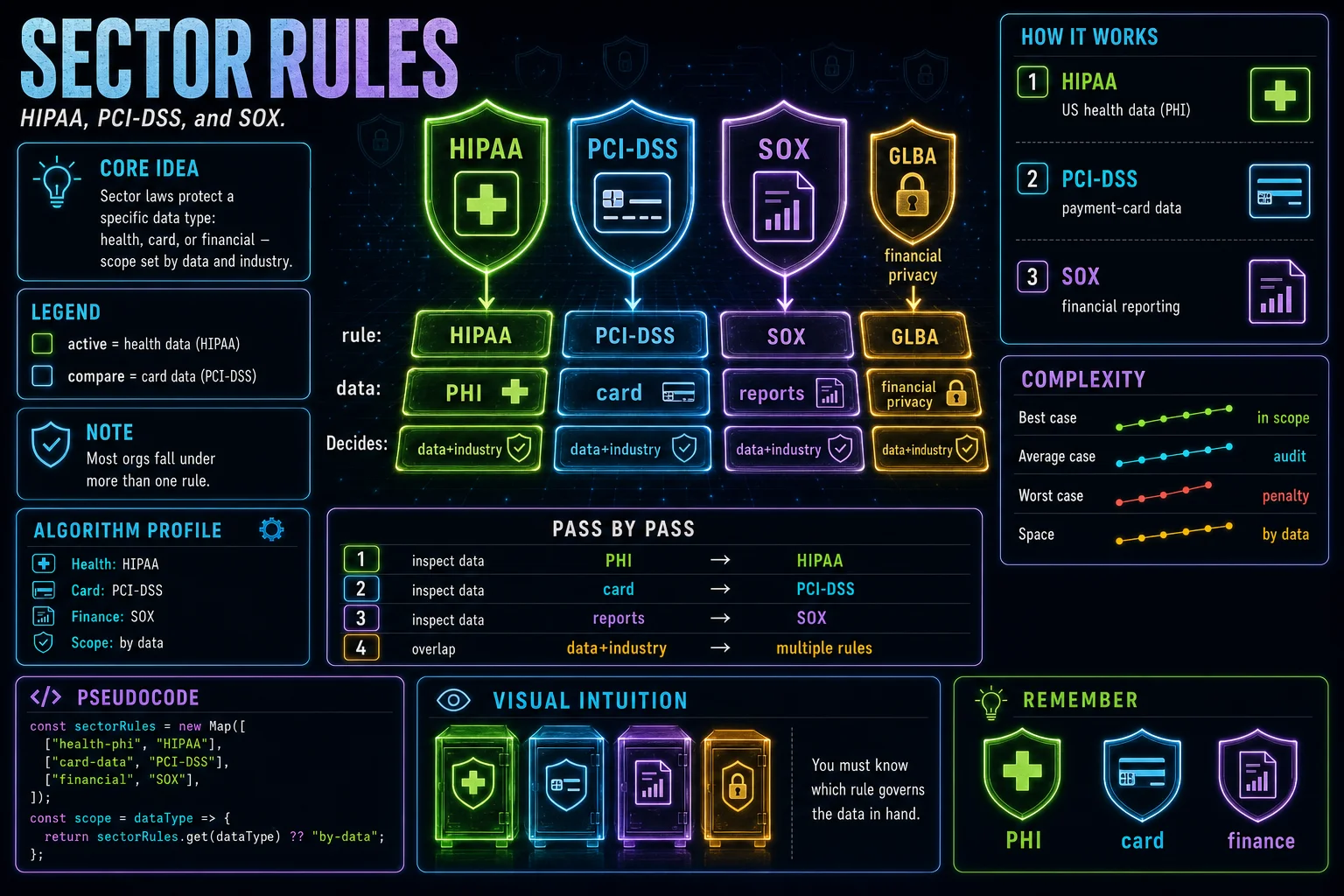 HIPAA, PCI-DSS & SOX infographic showing the concept, key steps, and tradeoffs.
