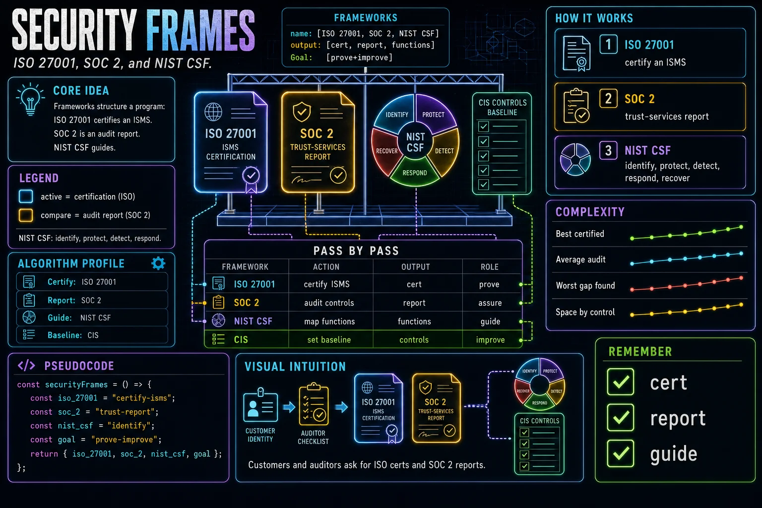 ISO 27001, SOC 2 & NIST infographic showing the concept, key steps, and tradeoffs.