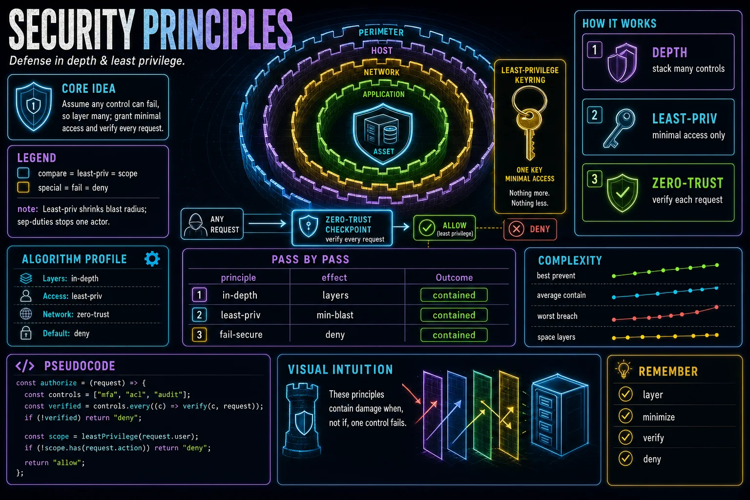 Defense in Depth & Least Privilege infographic showing the concept, key steps, and tradeoffs.