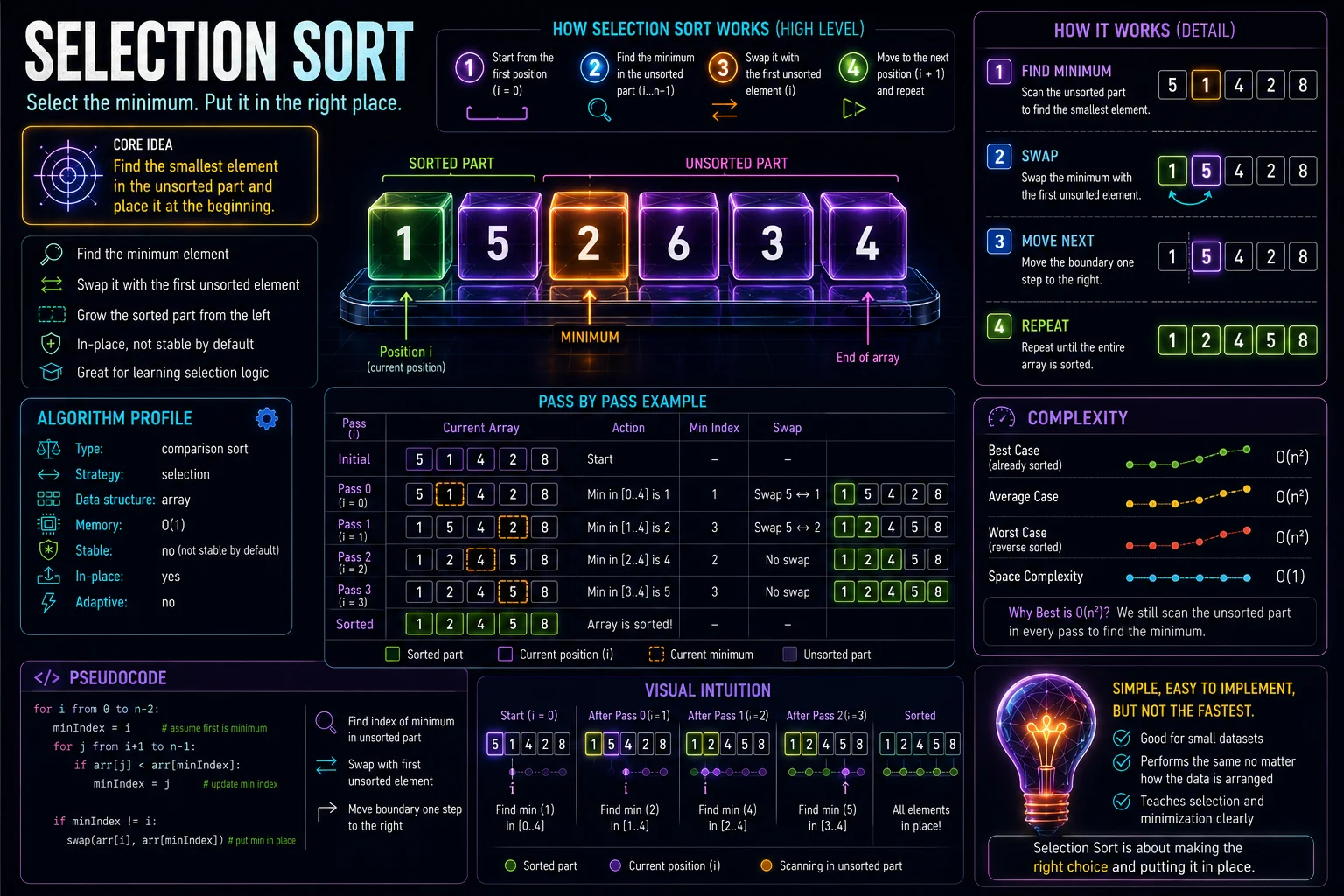 Selection Sort infographic showing minimum selection, swapping with the first unsorted element, pass-by-pass trace, and complexity.