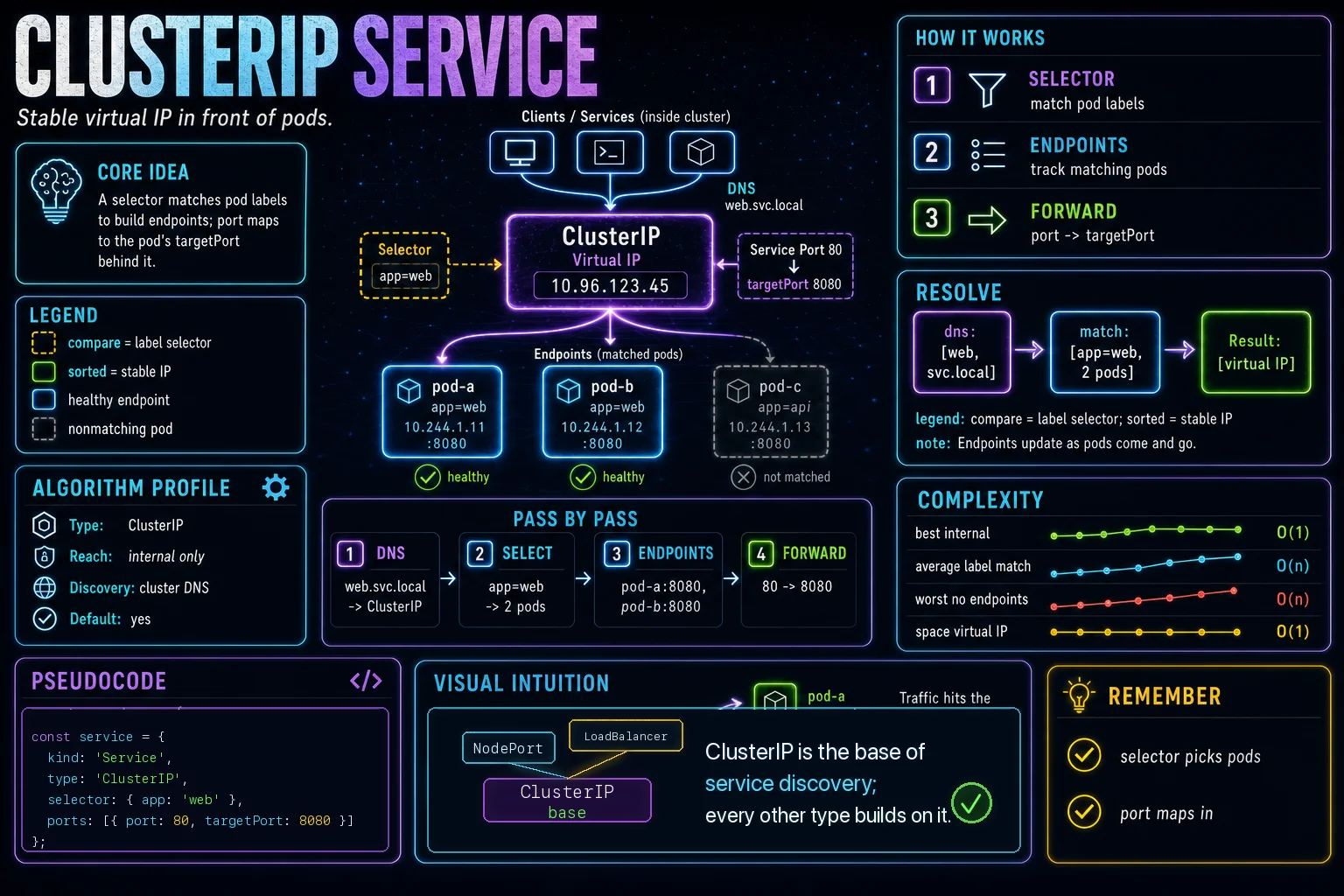 ClusterIP Service infographic showing the concept, key steps, and tradeoffs.