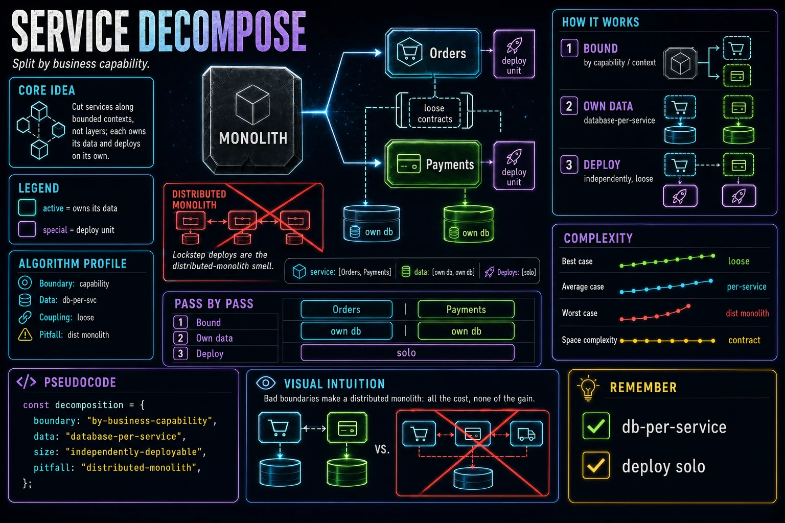 Service Decomposition infographic showing the concept, key steps, and tradeoffs.