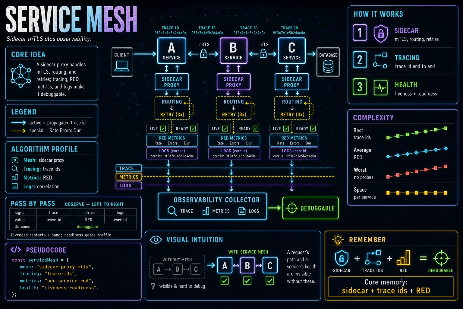 Service Mesh & Observability infographic showing the concept, key steps, and tradeoffs.