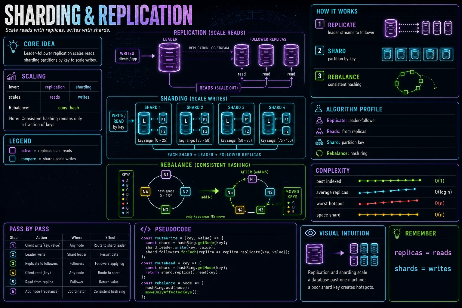 Sharding & Replication infographic showing the concept, key steps, and tradeoffs.