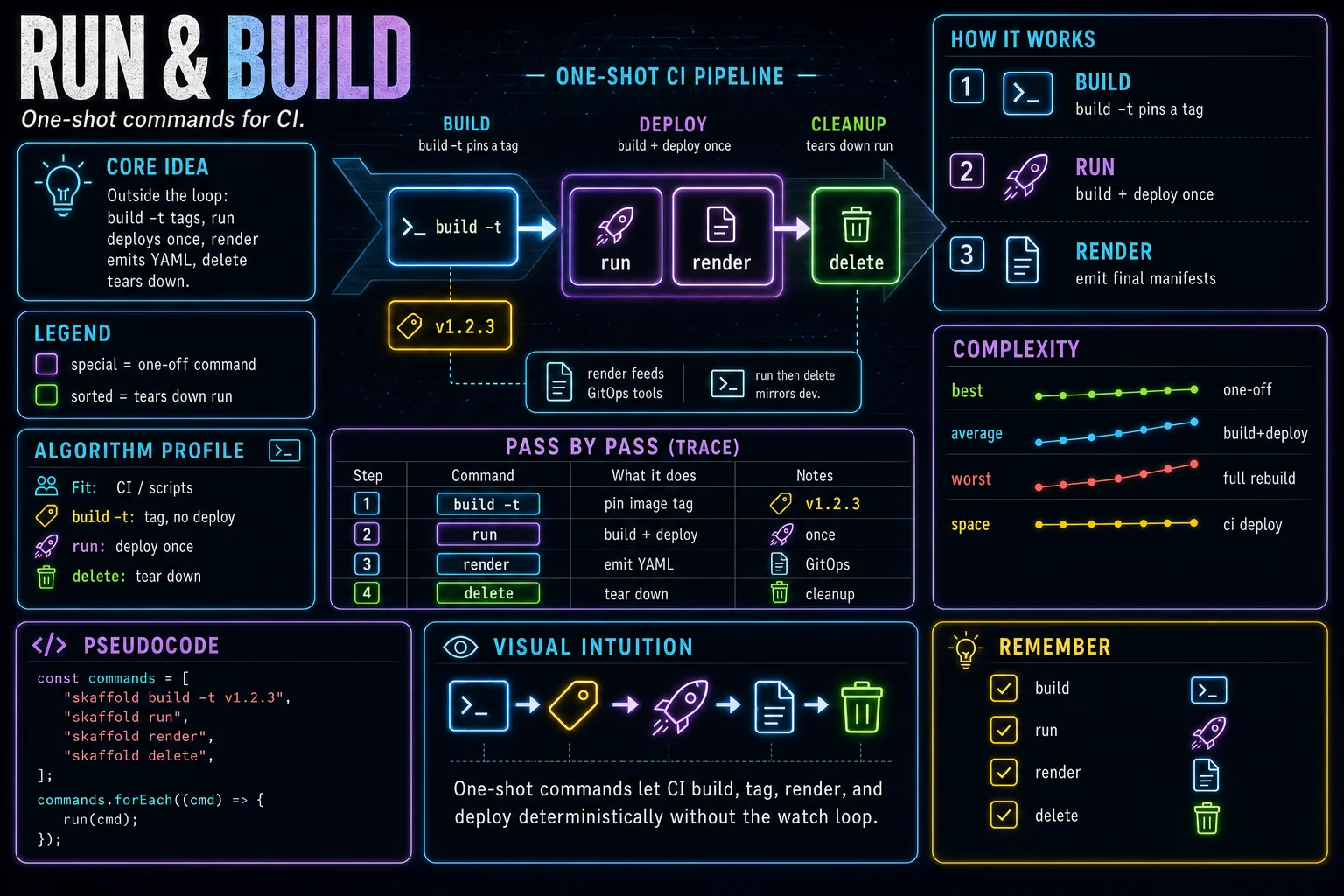skaffold run & build infographic showing the concept, key steps, and tradeoffs.