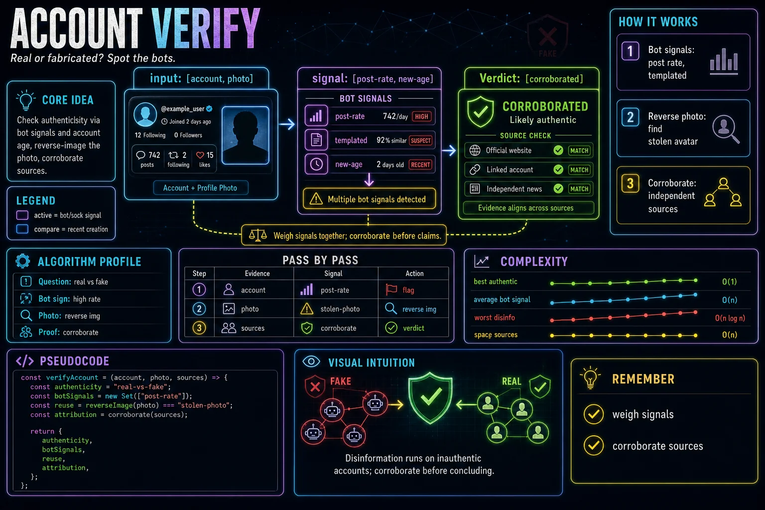Account Verification & Bots infographic showing the concept, key steps, and tradeoffs.