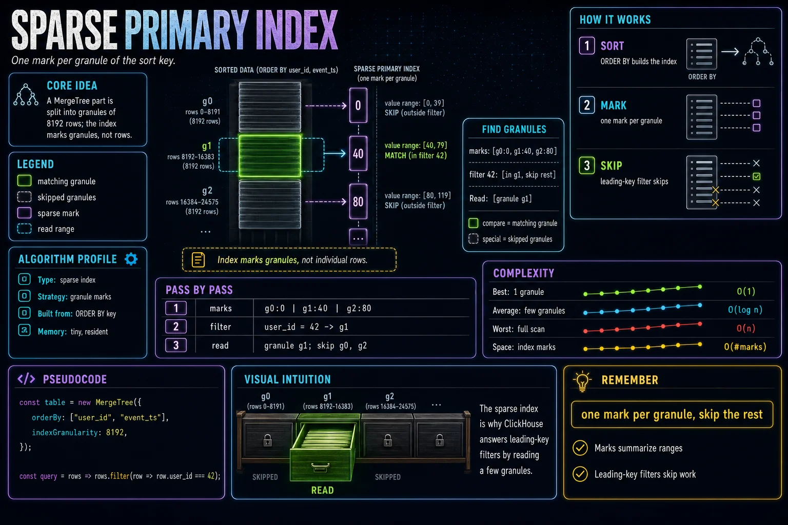 Sparse Primary Index infographic showing the ClickHouse concept, key steps, and tradeoffs.
