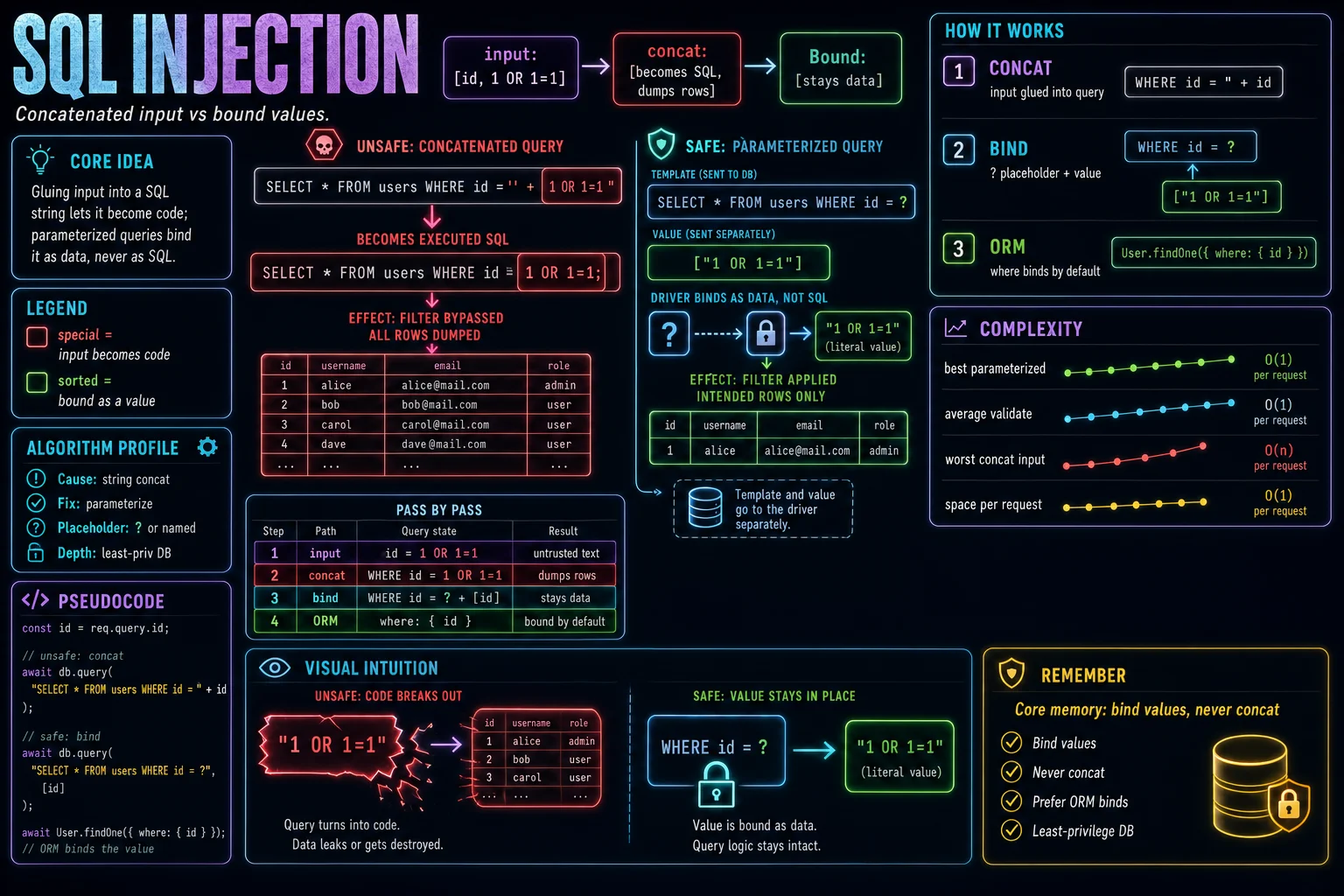 SQL Injection infographic showing the concept, key steps, and tradeoffs.