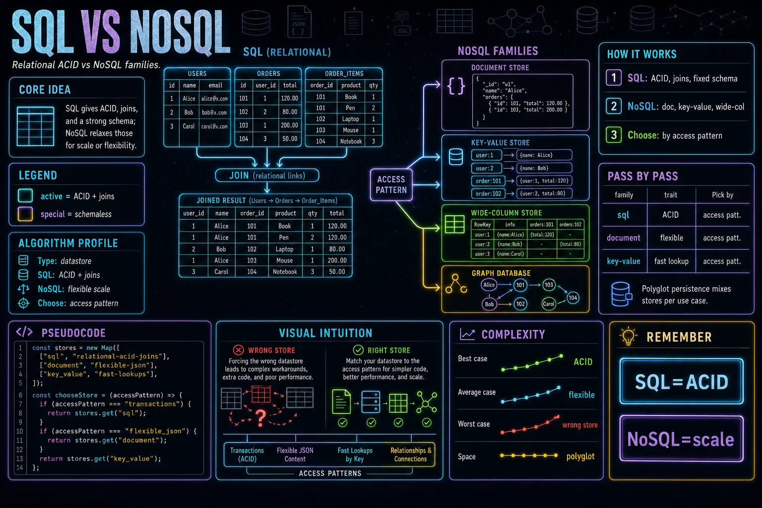 SQL vs NoSQL infographic showing the concept, key steps, and tradeoffs.