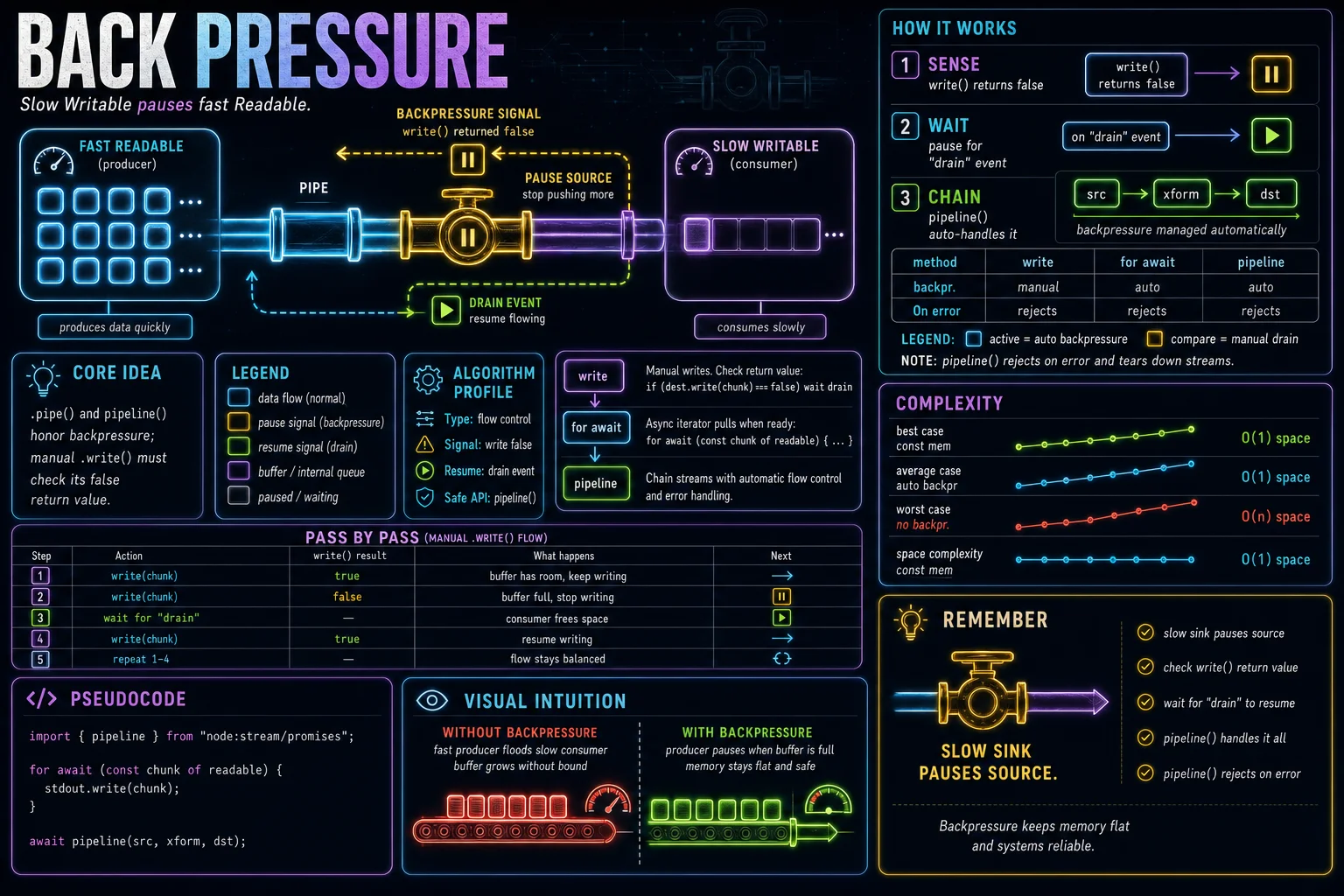 Backpressure & Async Iteration infographic showing the concept, key steps, and tradeoffs.