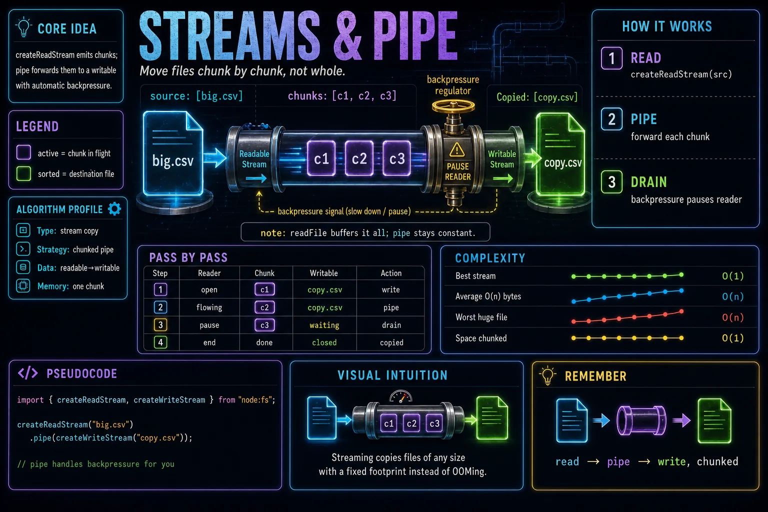 Streams & pipe infographic showing the concept, key steps, and tradeoffs.