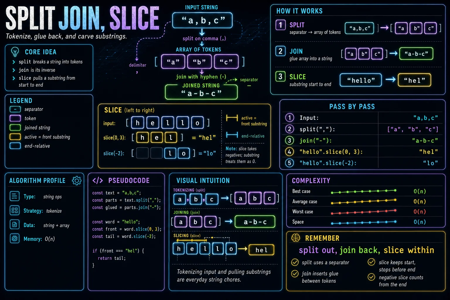 split, join, slice infographic showing the concept, key steps, and tradeoffs.
