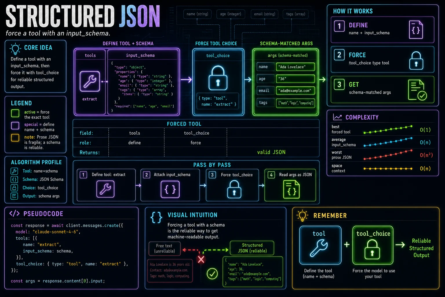 Structured Output (JSON) infographic showing the concept, key steps, and tradeoffs.