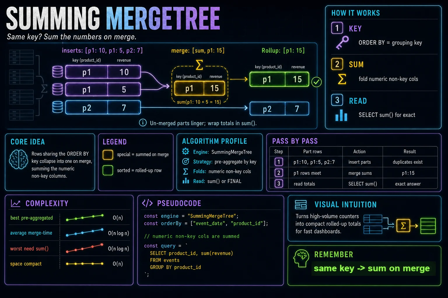 SummingMergeTree infographic showing the ClickHouse concept, key steps, and tradeoffs.