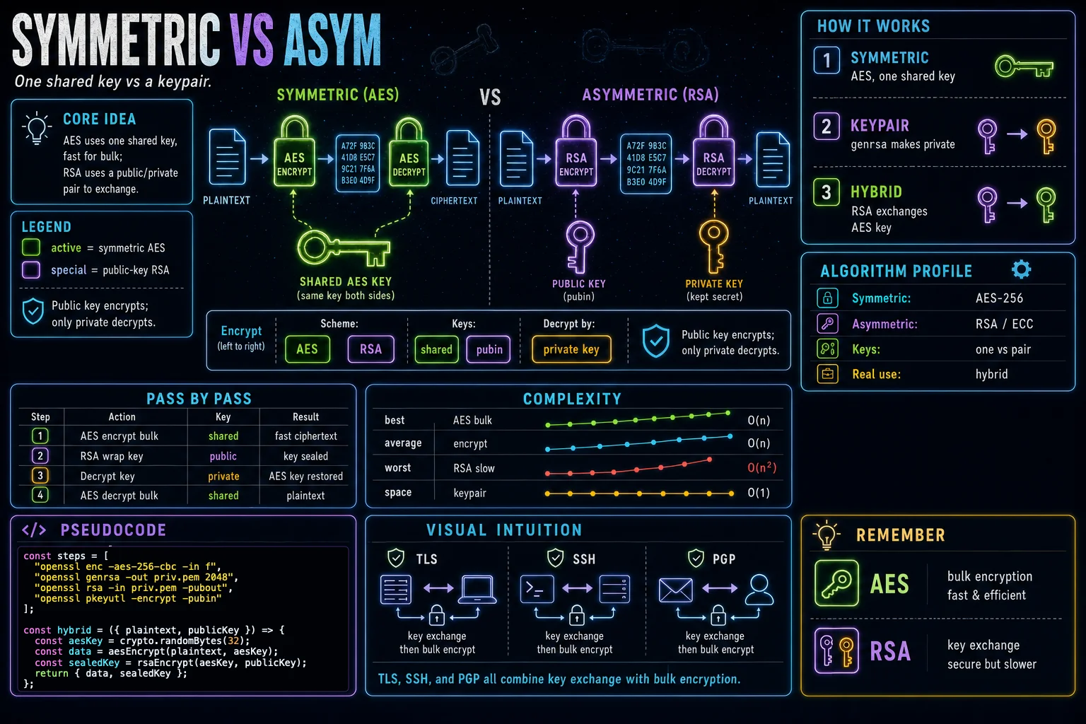 Symmetric vs Asymmetric infographic showing the concept, key steps, and tradeoffs.