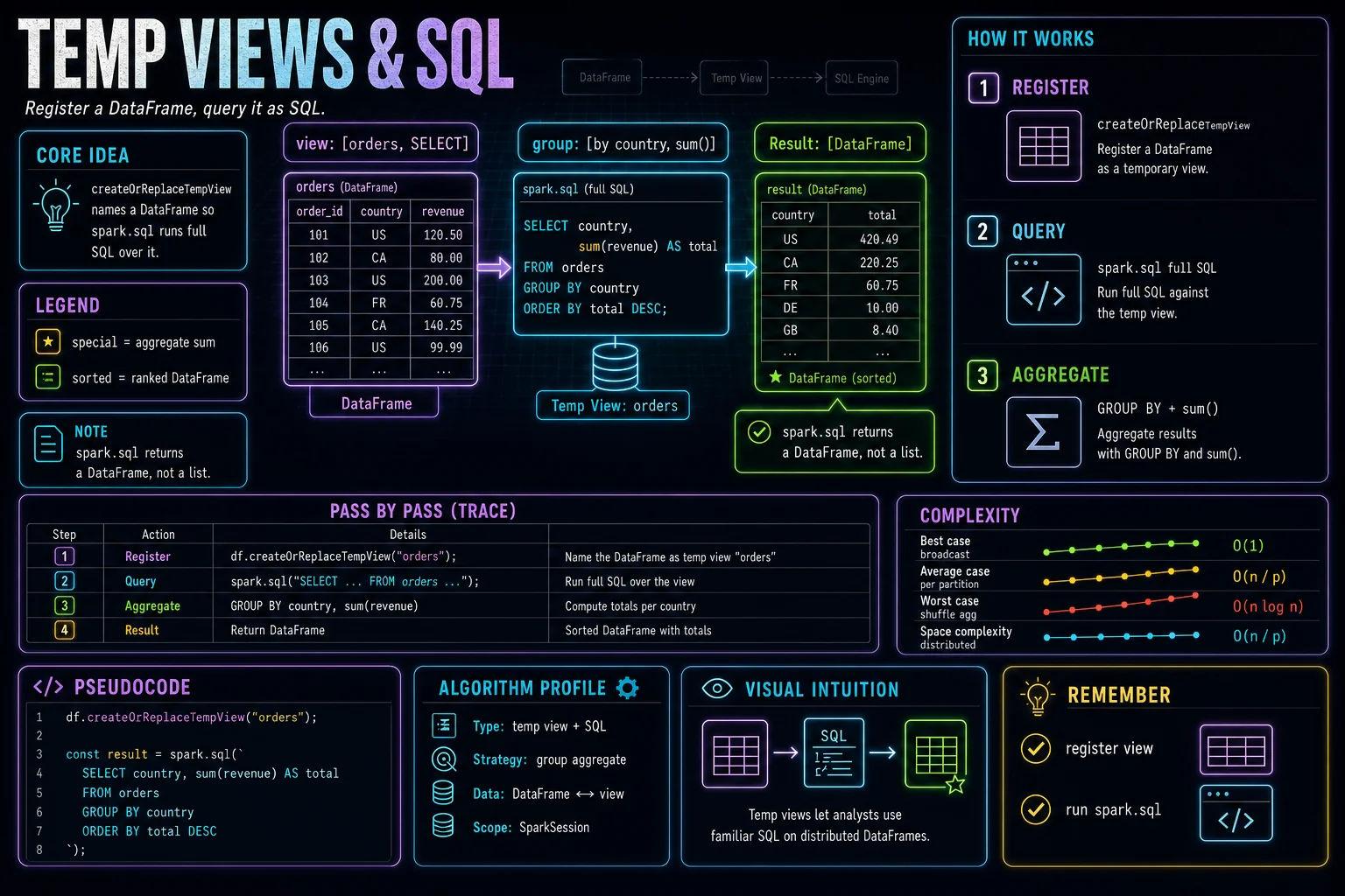 Temp Views & SQL infographic showing the concept, key steps, and tradeoffs.
