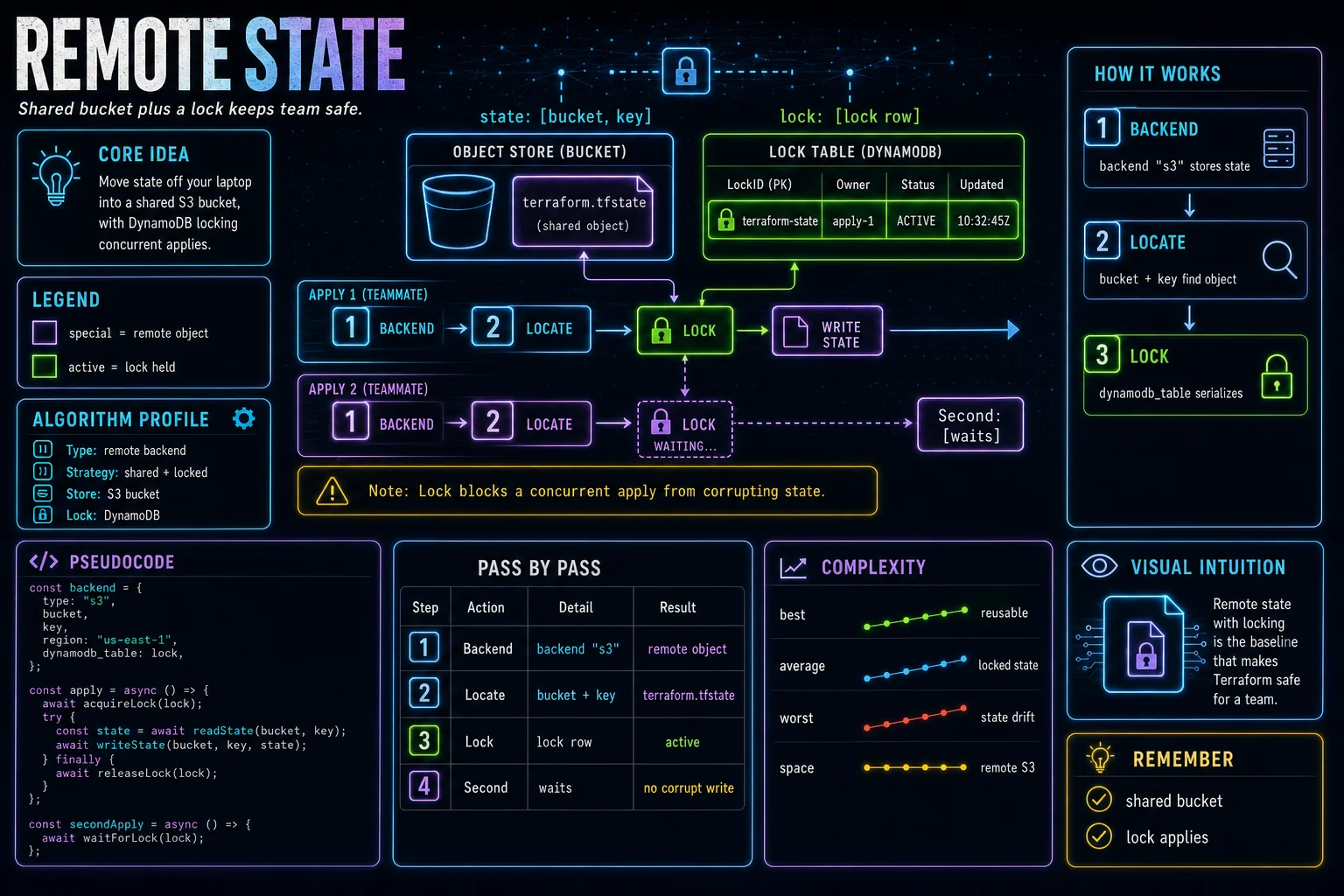 Remote State infographic showing the concept, key steps, and tradeoffs.