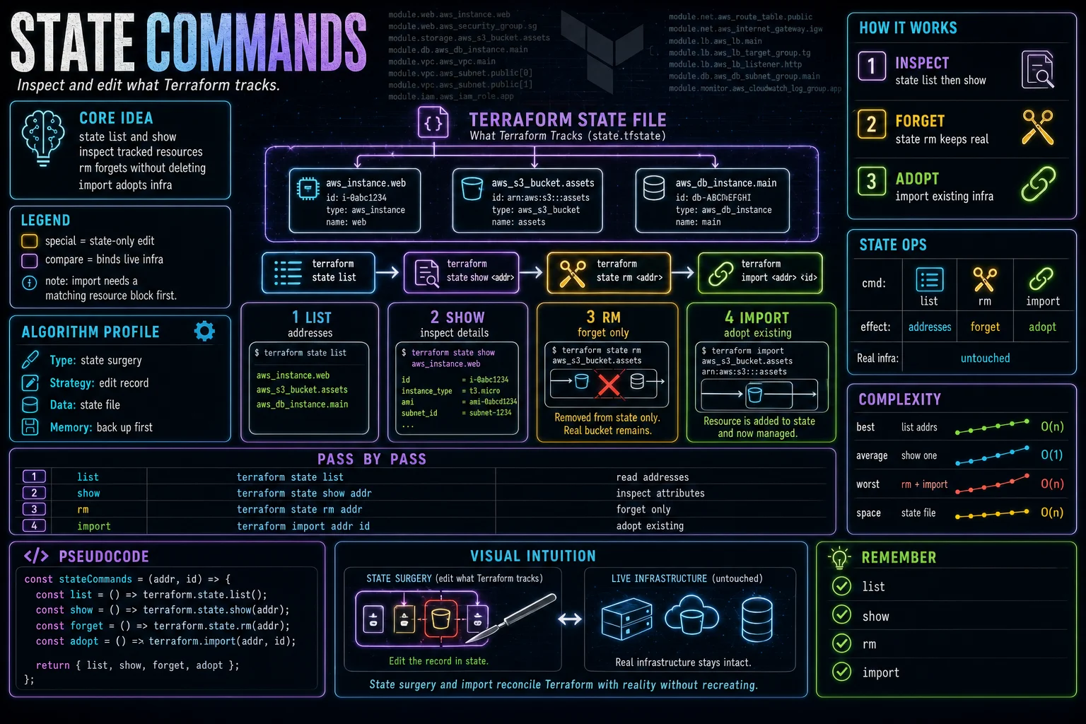 terraform state infographic showing the concept, key steps, and tradeoffs.