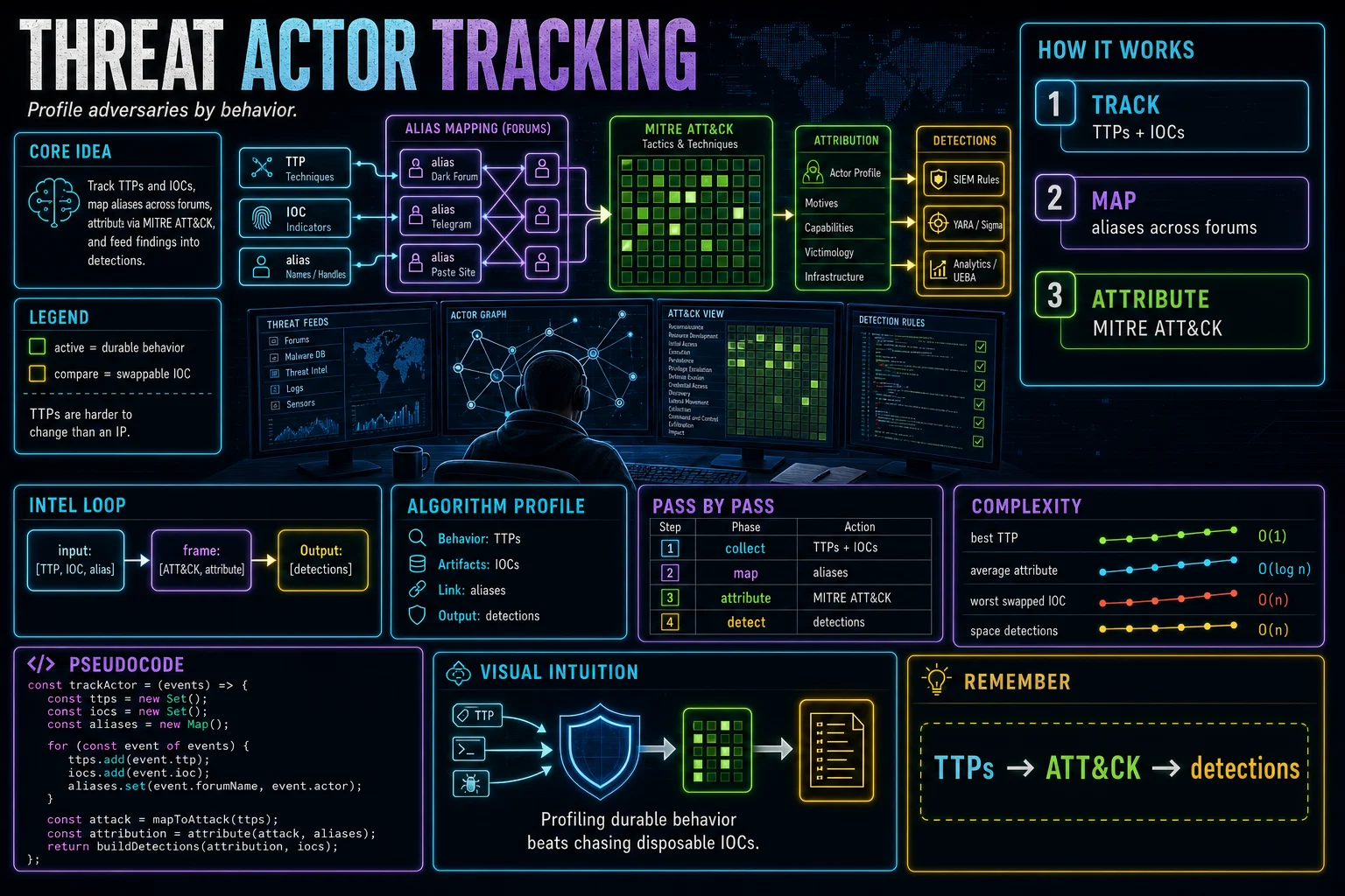 Threat Actor Tracking infographic showing the concept, key steps, and tradeoffs.