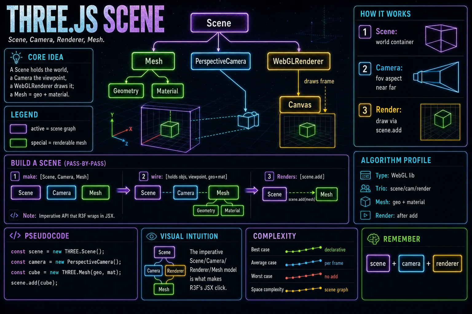 Three.js Scene infographic showing the concept, key steps, and tradeoffs.