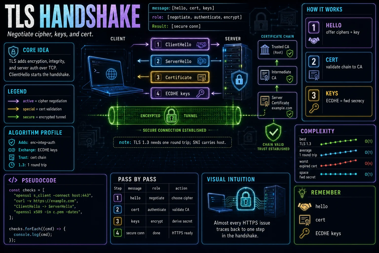 TLS Handshake infographic showing the concept, key steps, and tradeoffs.