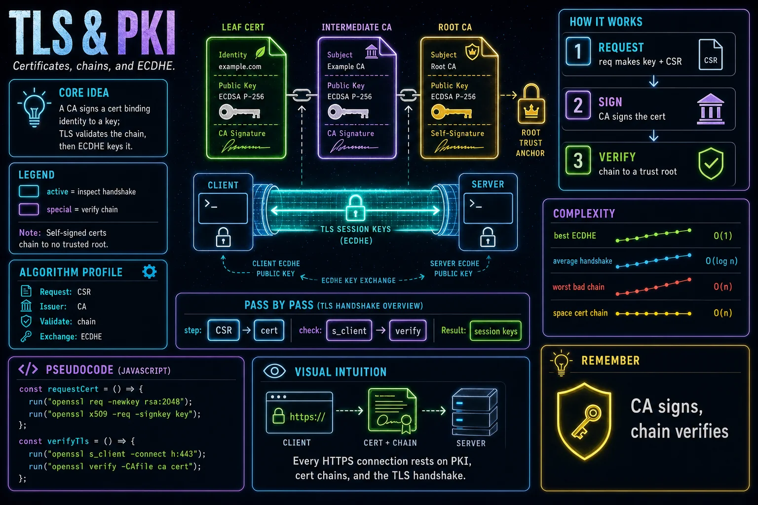 TLS & PKI infographic showing the concept, key steps, and tradeoffs.