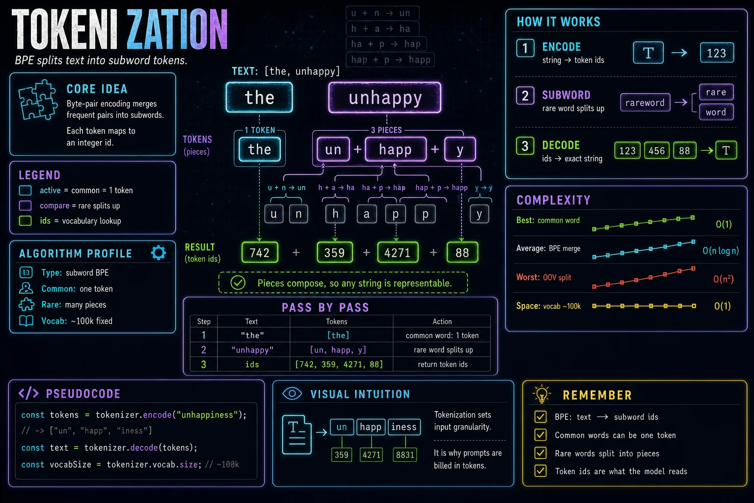 Tokenization (BPE) infographic showing the concept, key steps, and tradeoffs.