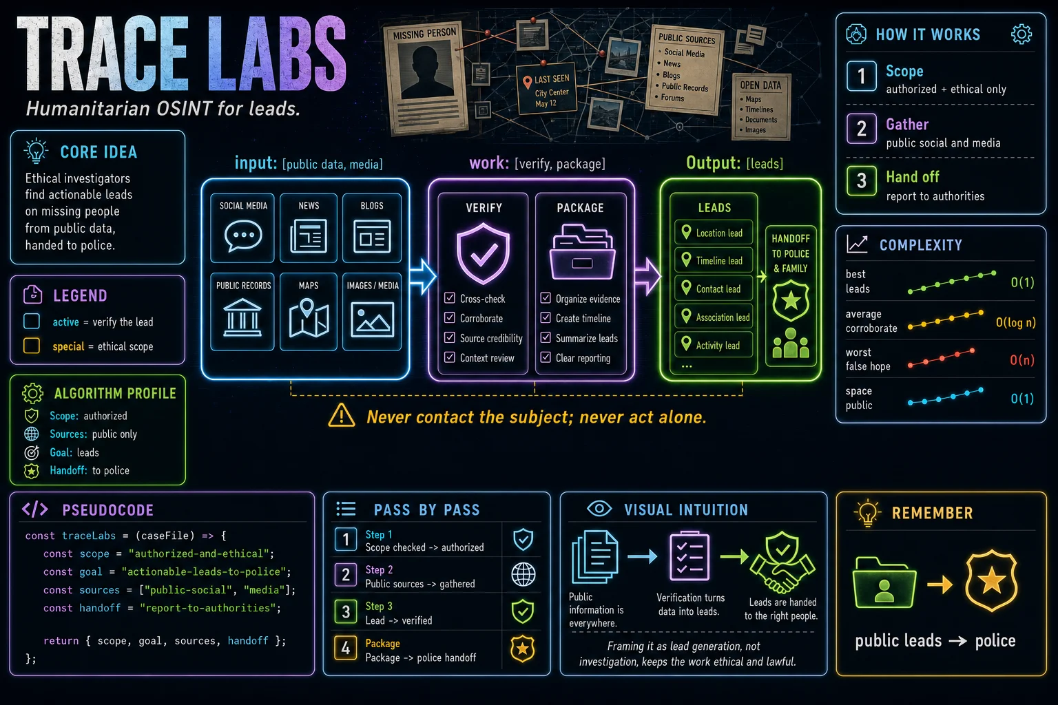 Humanitarian OSINT Method infographic showing the concept, key steps, and tradeoffs.