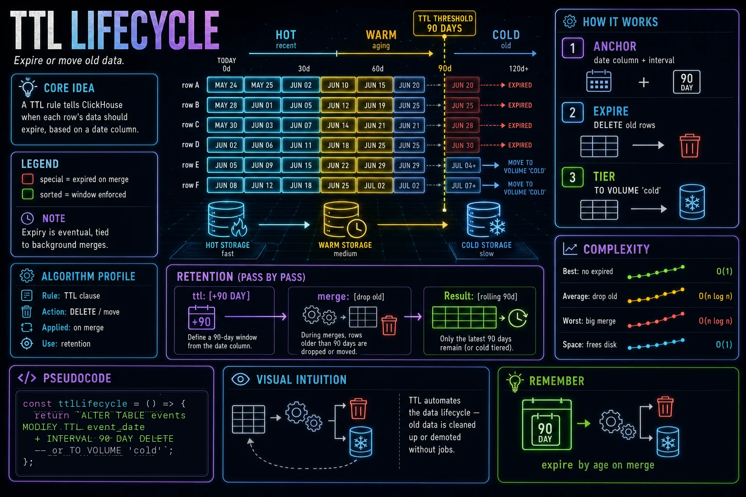 TTL Lifecycle infographic showing the ClickHouse concept, key steps, and tradeoffs.
