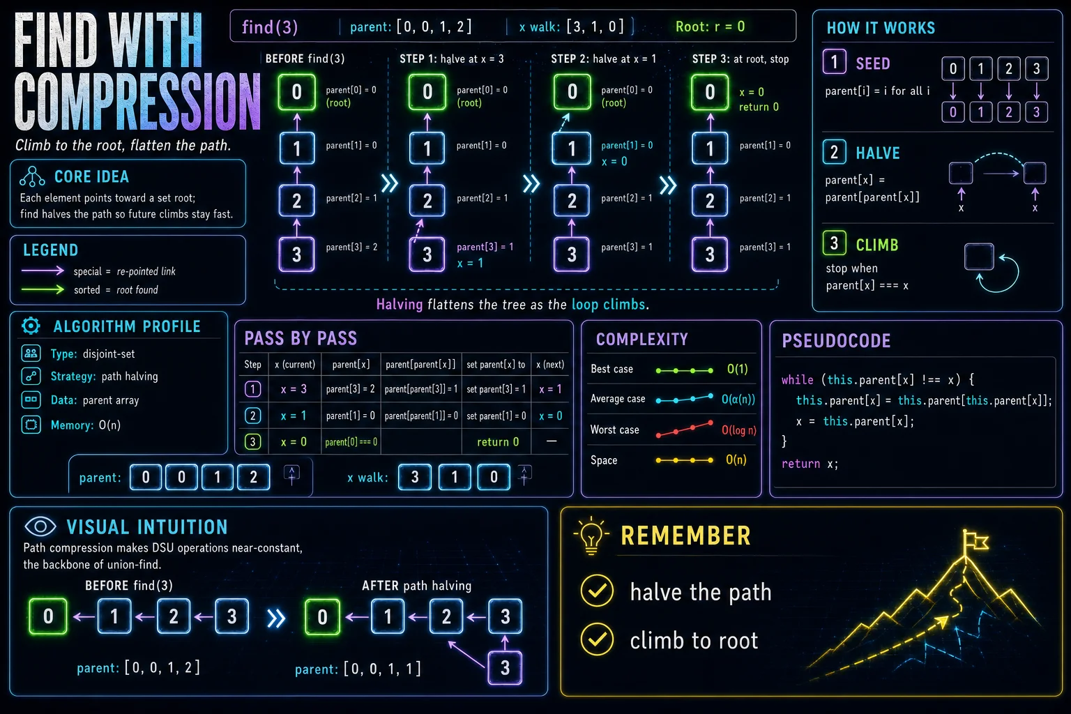 Find with Path Compression infographic showing disjoint sets, the operation, and complexity.