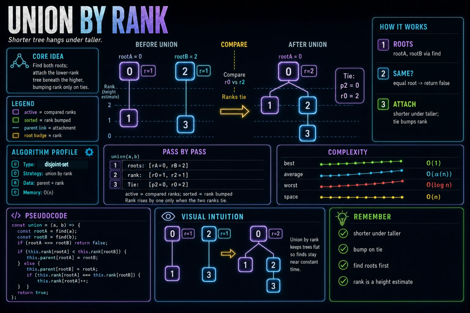 Union by Rank infographic showing disjoint sets, the operation, and complexity.