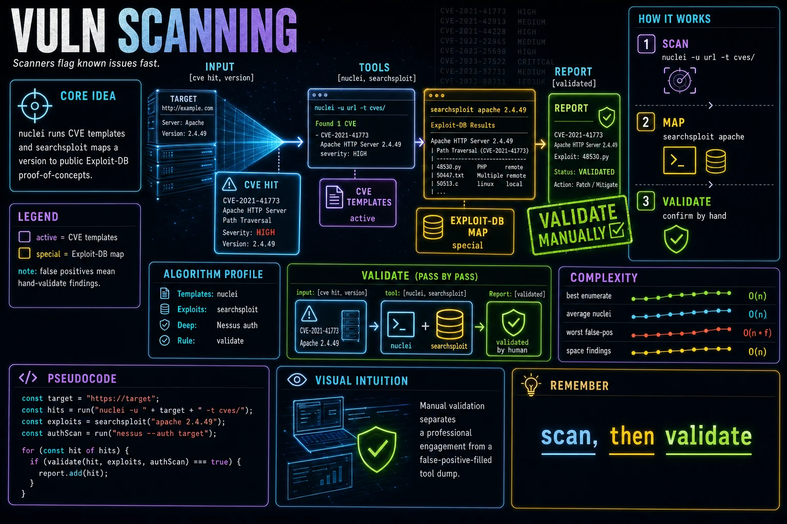 Vulnerability Scanning infographic showing the concept, key steps, and tradeoffs.