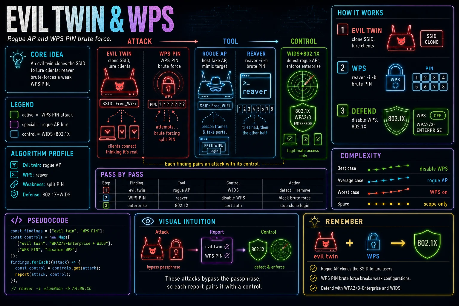 Evil Twin & WPS infographic showing the concept, key steps, and tradeoffs.