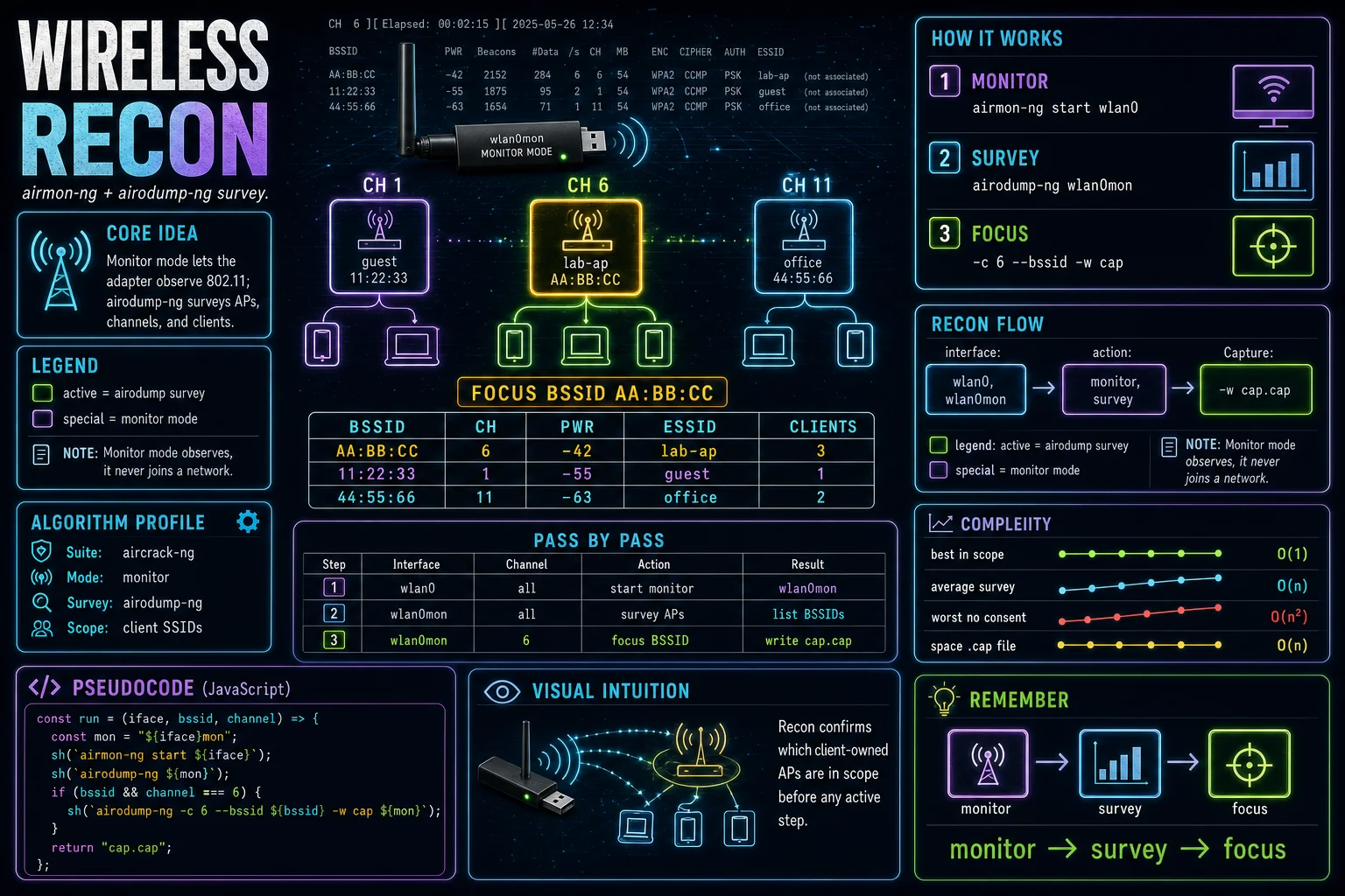 Wireless Recon (airodump) infographic showing the concept, key steps, and tradeoffs.