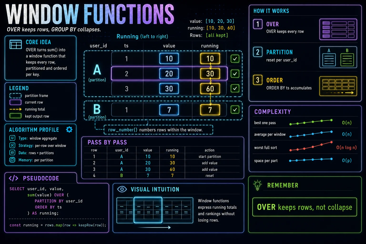 Window Functions infographic showing the ClickHouse concept, key steps, and tradeoffs.