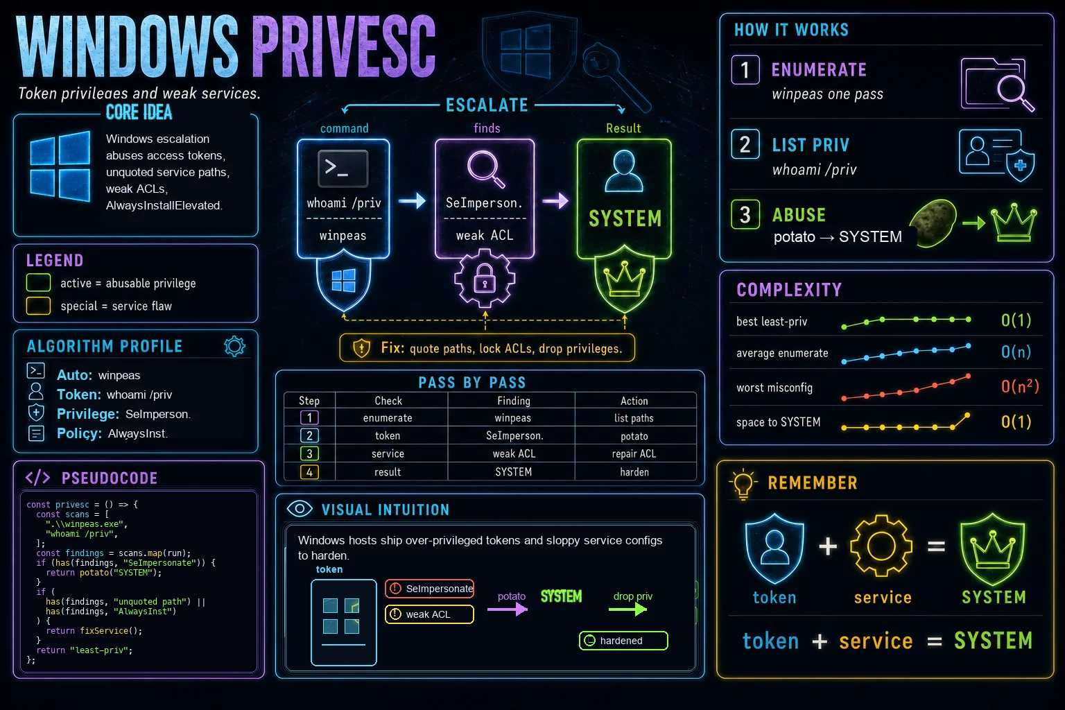 Windows PrivEsc infographic showing the concept, key steps, and tradeoffs.