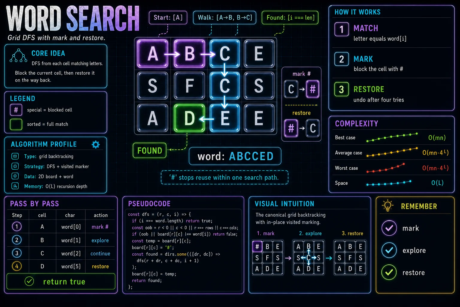 Word Search infographic showing the choose/explore/undo recursion tree and complexity.