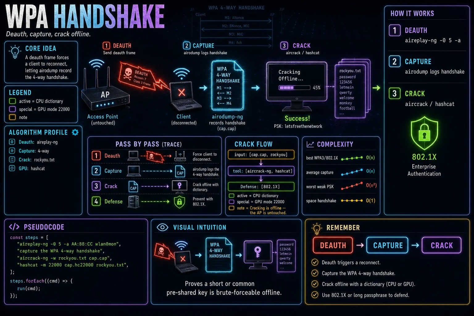 WPA Handshake Capture infographic showing the concept, key steps, and tradeoffs.