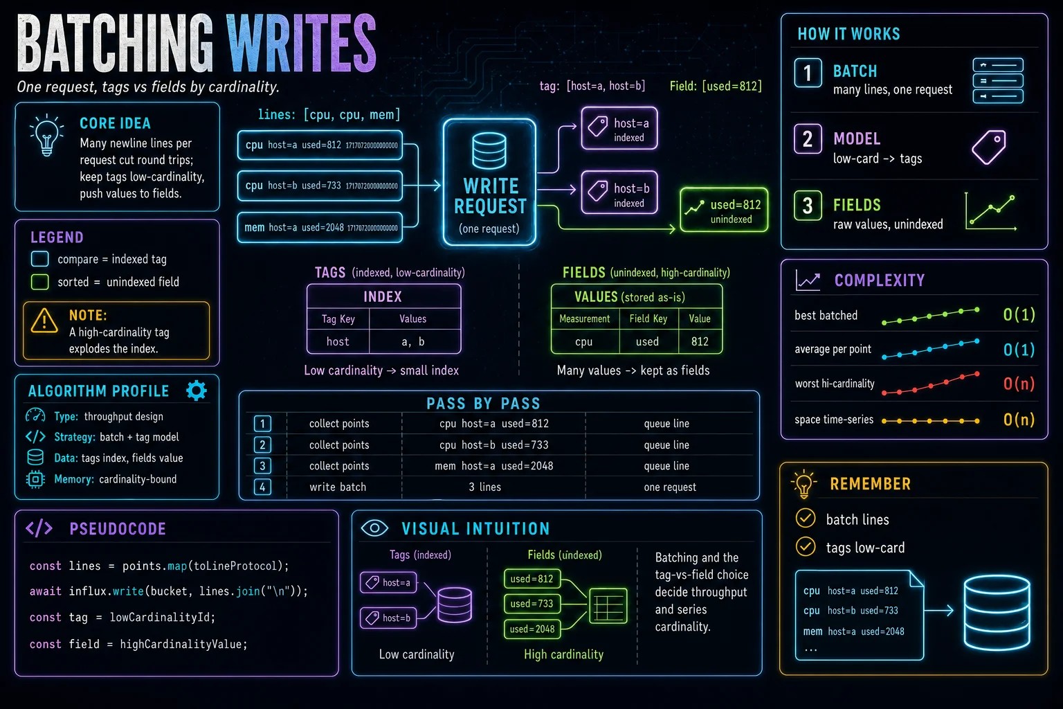 Batching Writes infographic showing the concept, key steps, and tradeoffs.